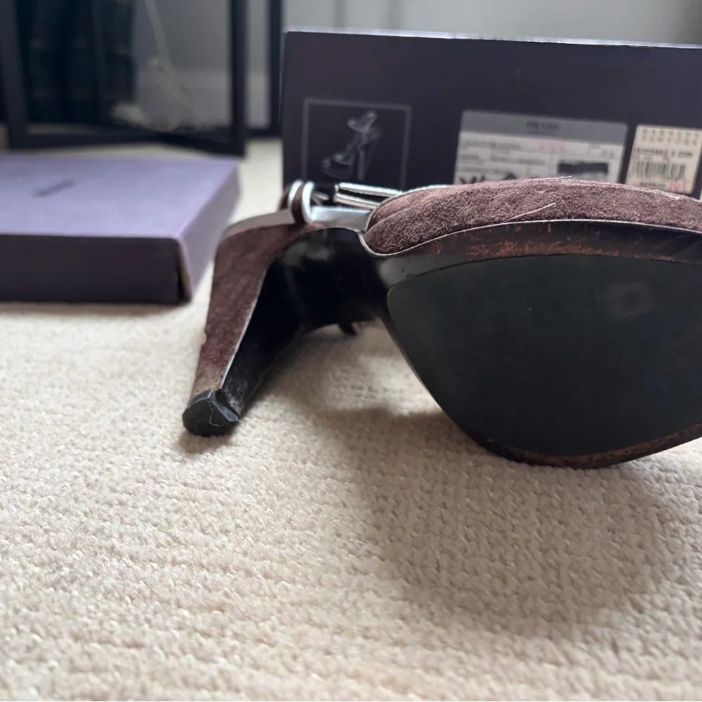 Bintage Prada Brown Suede Peep-Toe Platform Heels with Ankle Strap - Picture 5 of 7